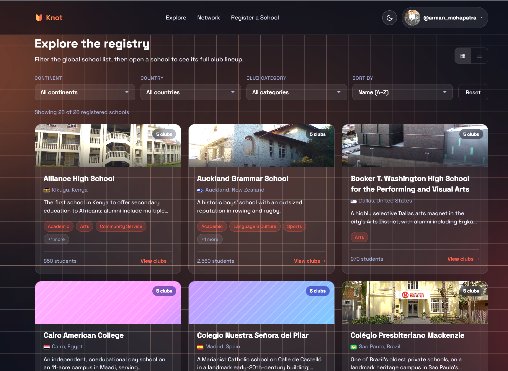 Knot school club discovery landing page